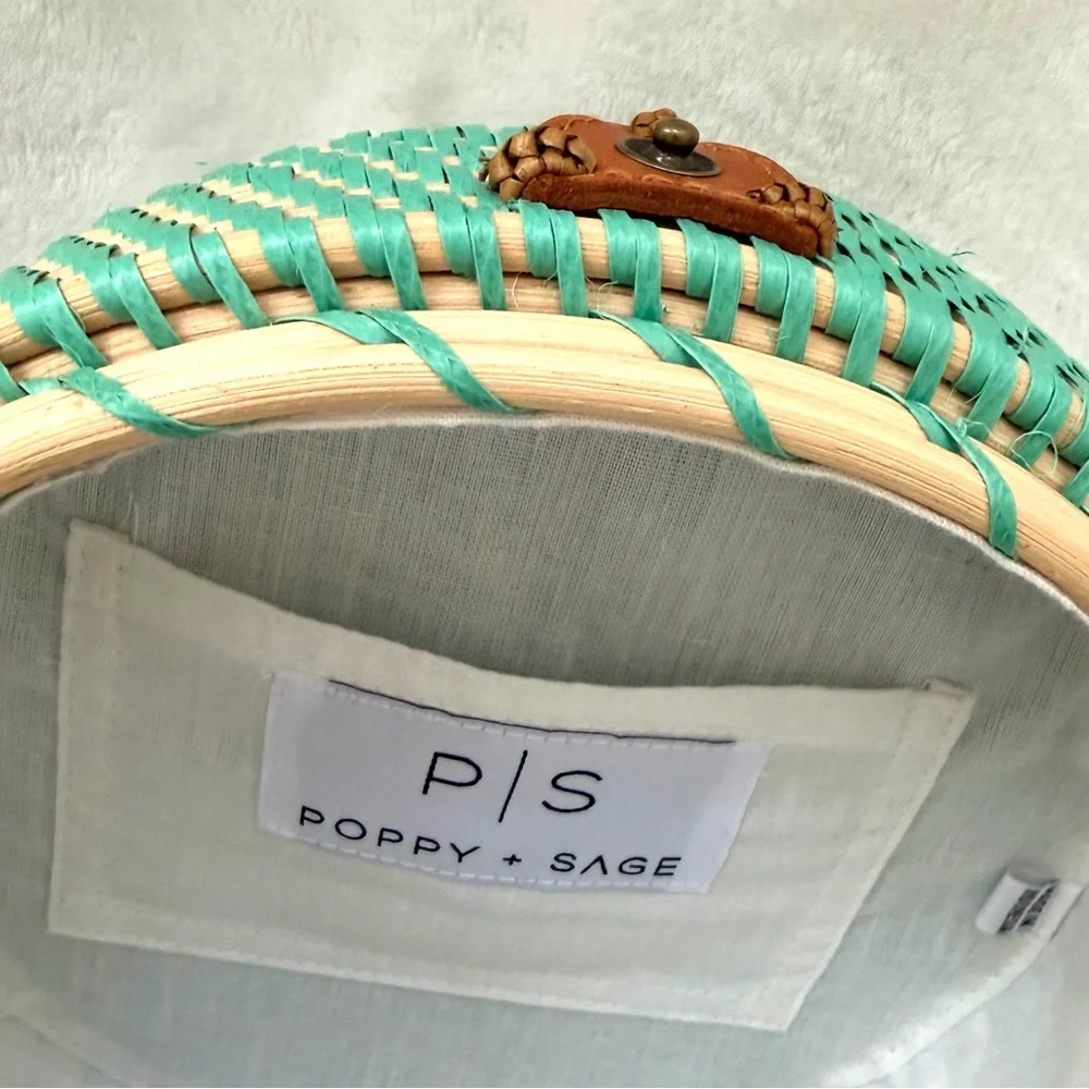 POPPY & SAGE Camilla Aqua Turquoise Woven Rattan Circle Crossbody Handmade NEW